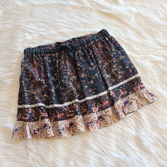 Ulla Johnson Floral Bird Print Silk Navy Drawstring Flowy Mini Skirt Size 6 - Picture 2 of 5